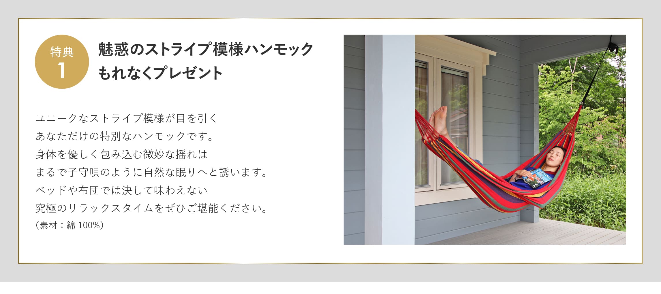 ログハウス,ビックボックスキャンペーン,ハンモック